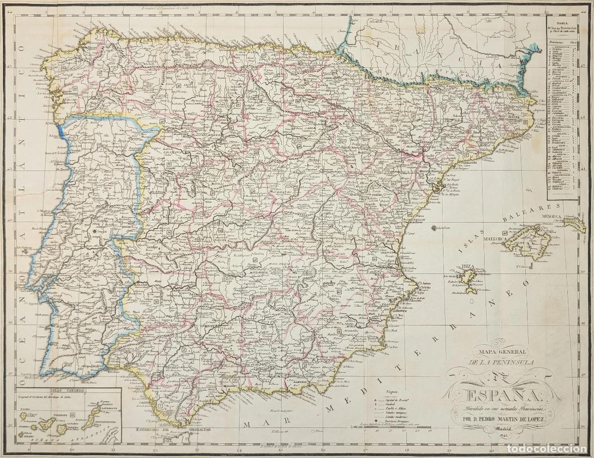 Arte: Mapa de Espa&ntilde;a dividida en provincias: Mapa General de la Pen&iacute;nsula de Espa&ntilde;a. Dividido en sus actua