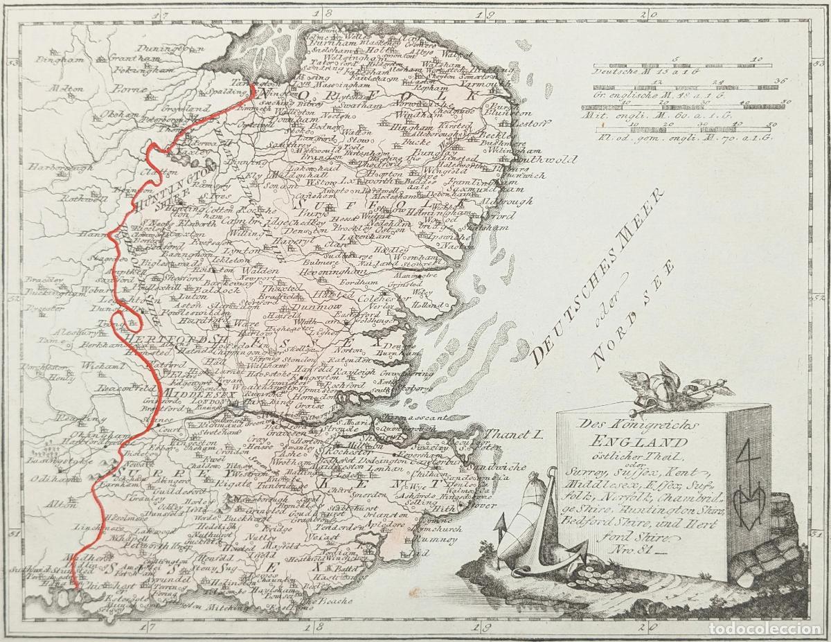Arte: Mapa de Inglaterra oriental: Des K&ouml;nigreichs England &ouml;stlicher Theil - Reilly, Franz Johann Joseph v
