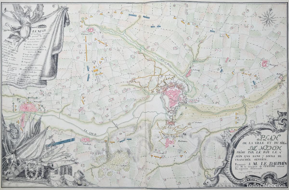Arte: Plano del sitio de Menin, Flandes Occidental: Plan de la ville et du siege de Menin prise par le Roy