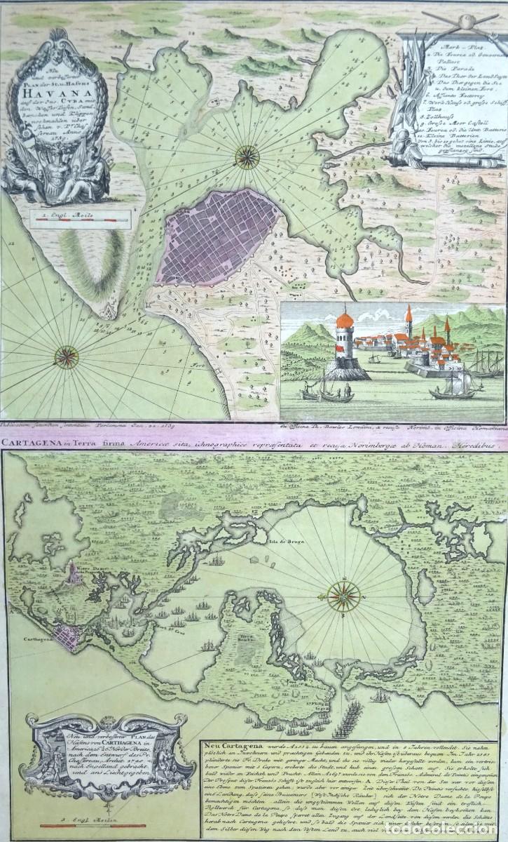 Arte: Cuba, Havana, Colombia, Cartagena de Indias Homan Heirs, 1759, Neu und Verbesserter Plan der St. u.