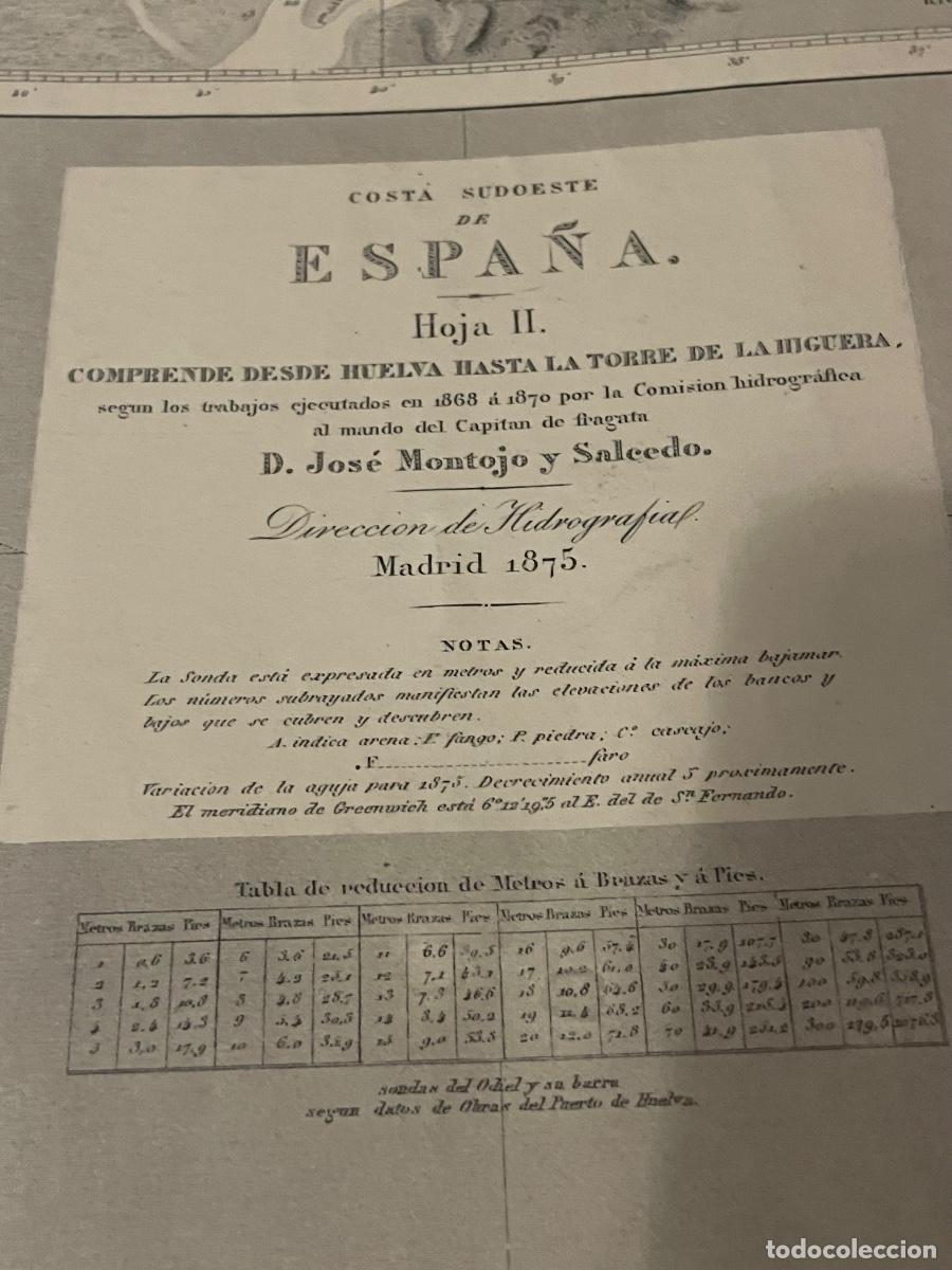 Arte: NAVEGACI&Oacute;N - ANTIGUA CARTA NAUTICA 1875 COSTA SUDOESTE DE ESPA&Ntilde;A HOJA II - COMPRENDE DESDE HUELVA