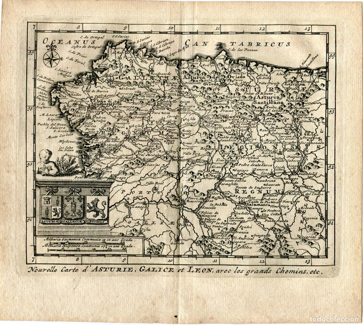 Arte: Mapa de Asturias, Galicia y Le&oacute;n - Grabado original Van der Aa - 1715