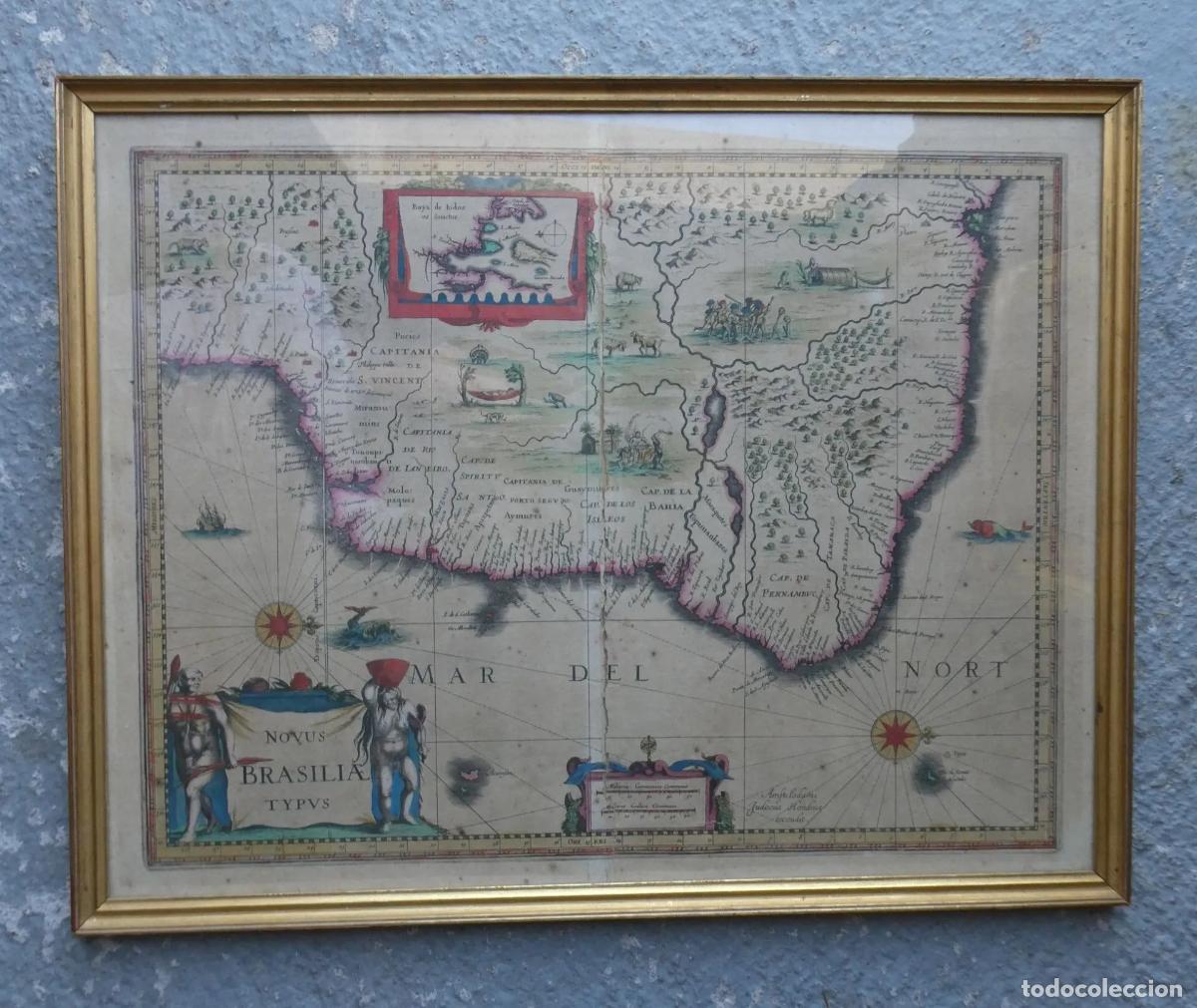 Arte: RARE CARTE PARTIELLE DU BRESIL BAIE DE BAHIA DE 1630 - d'apr&egrave;s Jodocus HONDIUS I &ndash; encadr&eacute;e