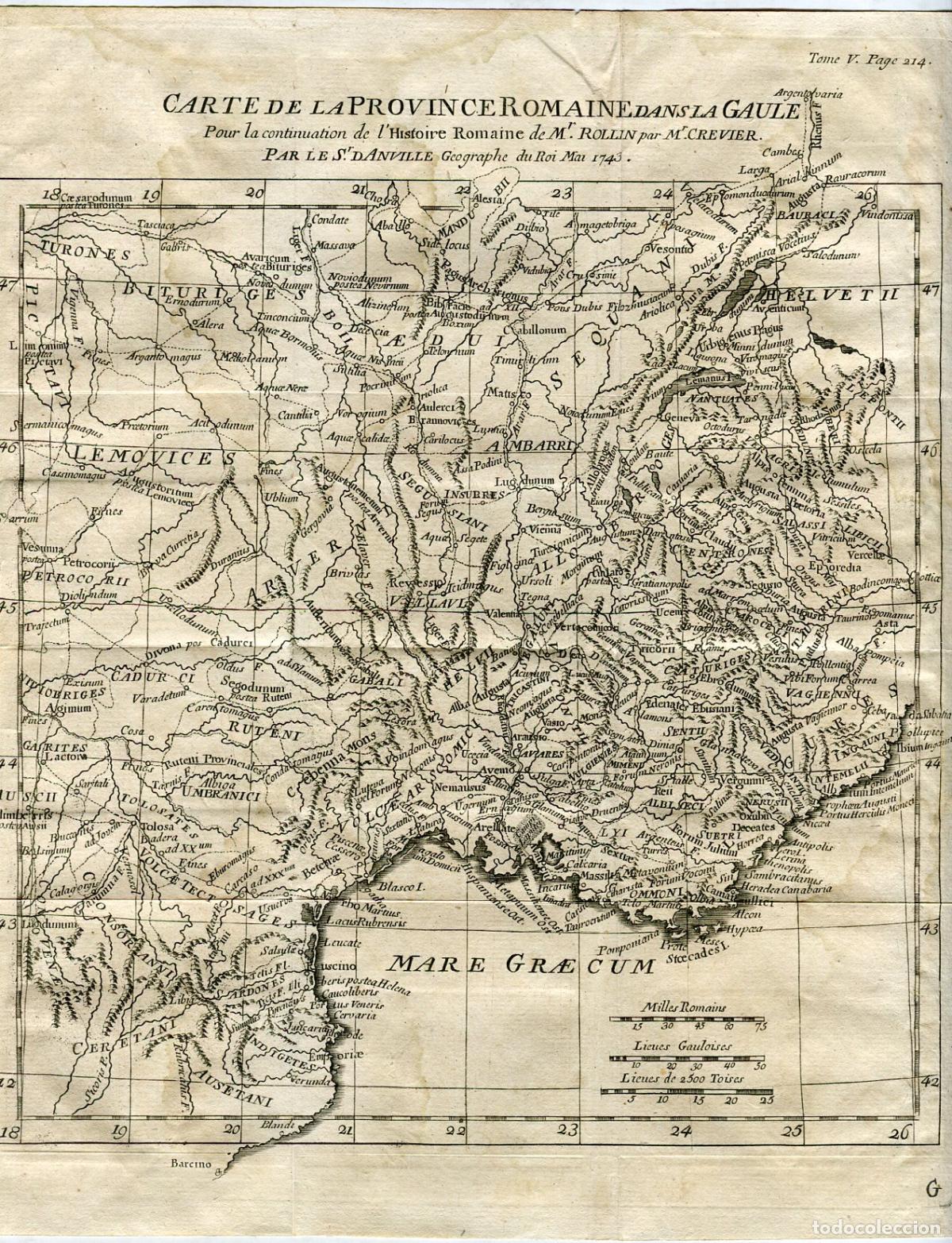 Arte: Provincia Romana en la Galia - Mapa grabado original D'Anville - 1743