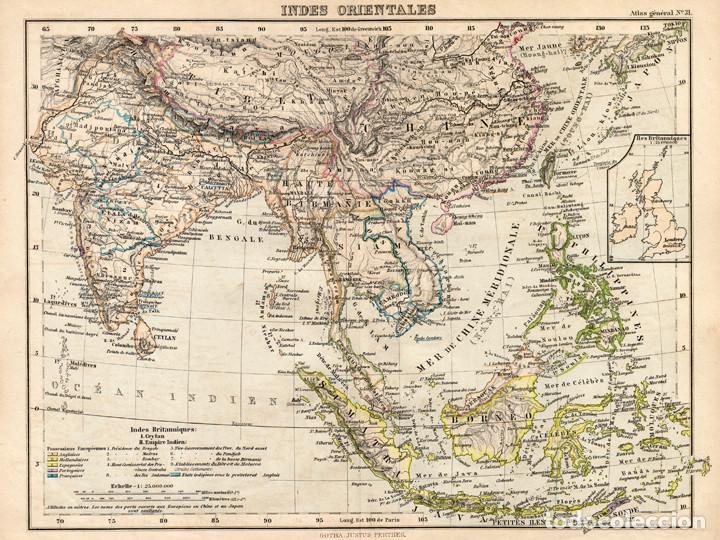 Kunst: MAPA DEL SUDESTE ASI&Aacute;TICO (INDIAS ORIENTALES) EN 1900, JUSTUS PERTHES, GRABADO DE COBRE. CARTOGRAF&Iacute;A