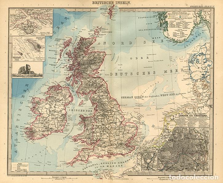 Kunst: MAPA (GRABADO COBRE DE 1889) DEL REINO UNIDO Y MAR DEL NORTE, CON DETALLE DE LONDRES, ETC. STIELER&rsquo;S