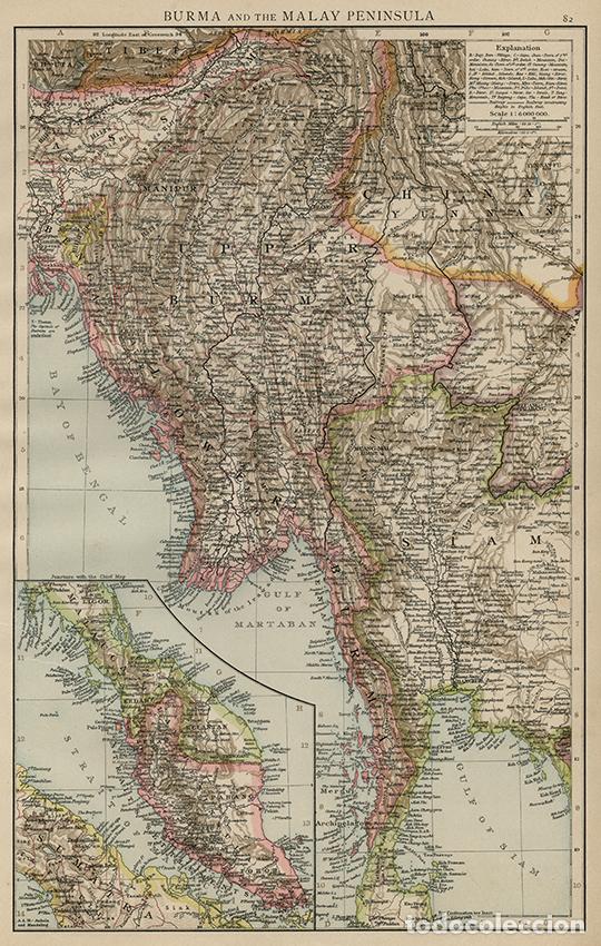 Kunst: MAPA DE BIRMANIA Y PEN&Iacute;NSULA MALAYA, DE 1895. LITOGRAF&Iacute;A COLOREADA DE LA 1&ordf; EDICI&Oacute;N DEL TIMES ATLAS