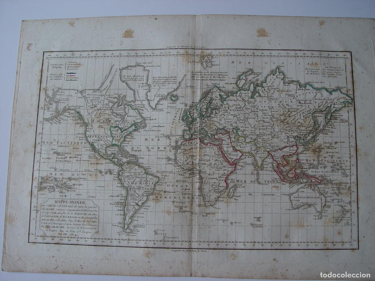 Arte: Mapamundi, Mappe-Monde - Grabado original de Vaugondy y Delamarche - 1804