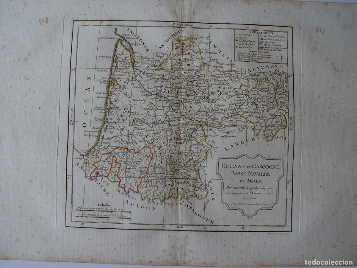 Arte: Guienne et Gascogne, Navarre, Bearn - Grabado original de Vaugondy - 1794-95