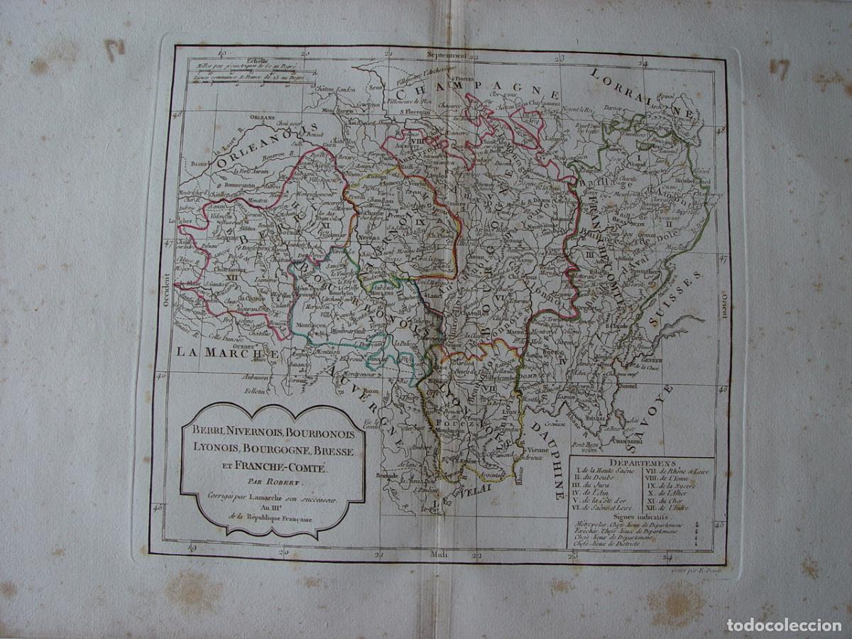 Arte: Berri, Bourgogne y Franche-Comt&eacute; - Grabado original de Vaugondy - 1794-95