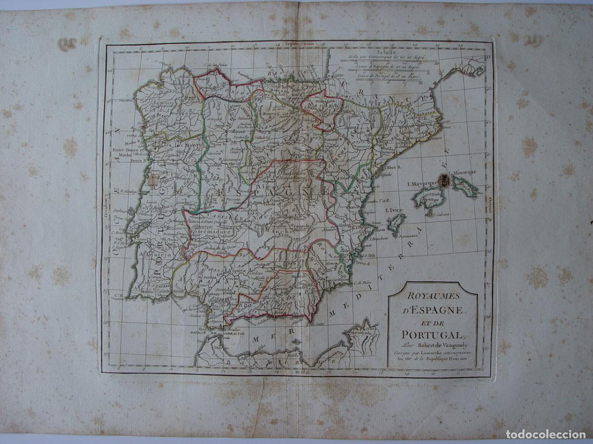 Arte: Reinos de Espa&ntilde;a y Portugal - Grabado original de Vaugondy - 1794-95