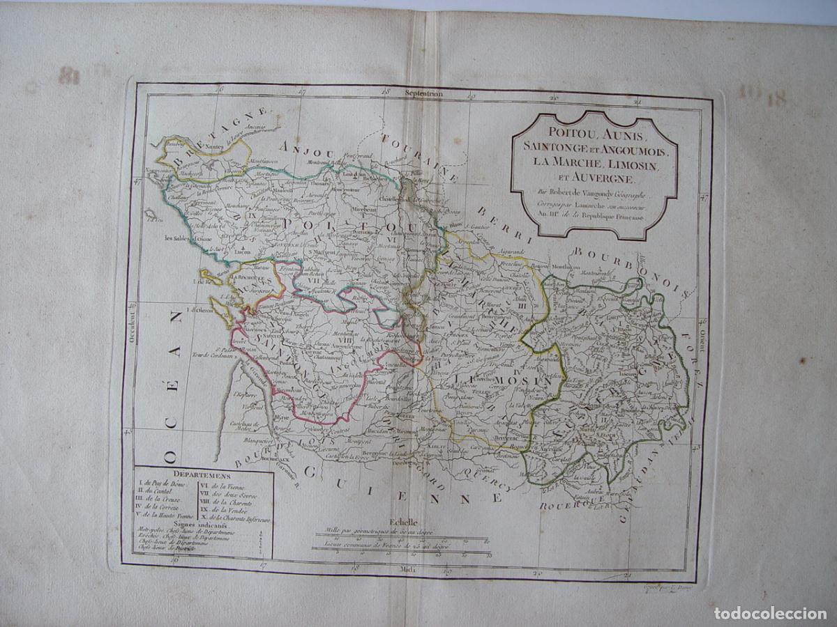 Art: Poitou, Saintonge, Limosin y Auvergne - Grabado original de Vaugondy - 1794-95