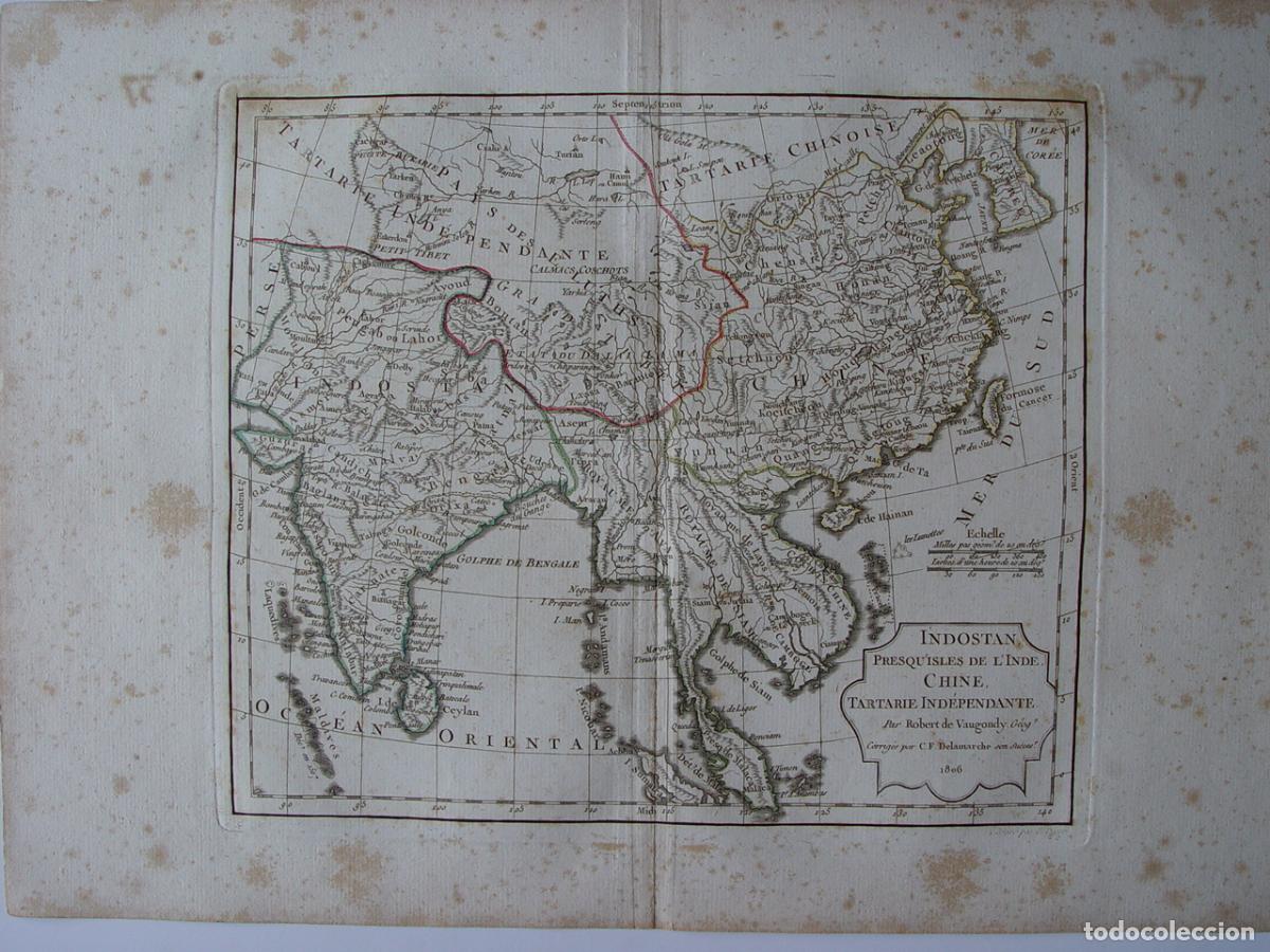 Art: Indost&aacute;n, India, China y Tartaria - Grabado original de Vaugondy - 1806