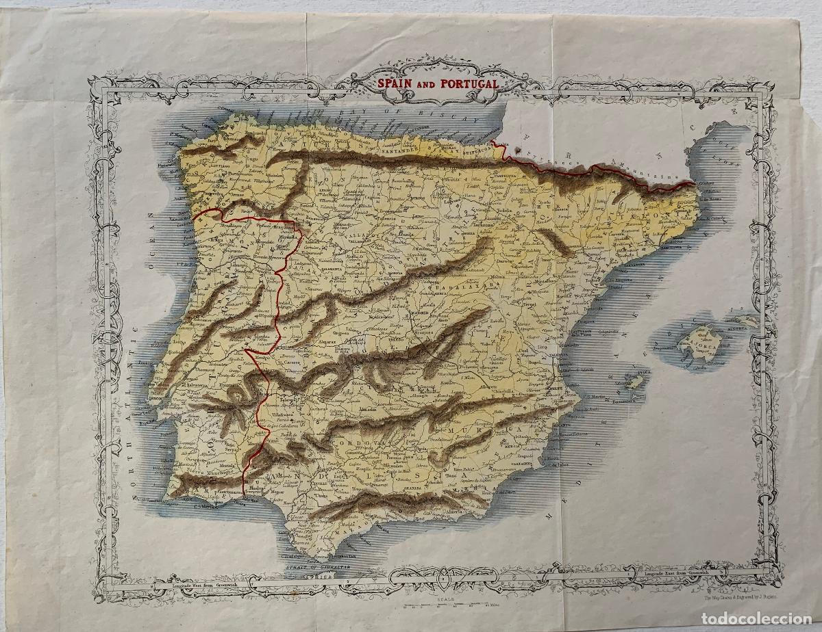Art: Mapa de Espa&ntilde;a y Portugal - Grabado coloreado de J. Rapkin - s. XIX
