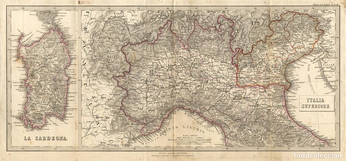Art: MAPA DE LA ITALIA SEPTENTRIONAL Y CERDE&Ntilde;A EN 1865, JUSTUS PERTHES, GRABADO COBRE. PANOR&Aacute;MICO