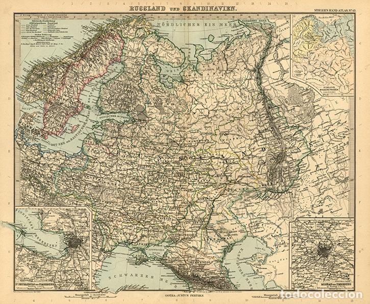 Art: MAPA (GRABADO COBRE DE 1890) DEL IMPERIO DE RUSIA Y ESCANDINAVIA, MOSC&Uacute; Y SAN PETERSBURGO. STIELER&rsquo;S