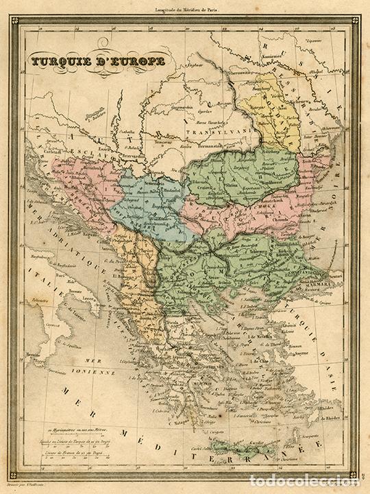 Art: MAPA DE LA TURQU&Iacute;A EUROPEA OTOMANA, DE 1850, VUILLEMIN. GRABADO AL ACERO, COLOREADO A MANO. BALCANES