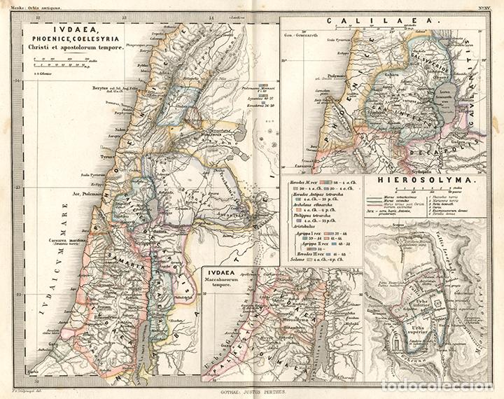 Kunst: MAPA JUDEA EN &Eacute;POCA DE JES&Uacute;S Y LOS AP&Oacute;STOLES, DE 1866, THEODOR MENKE, GRABADO COBRE, COLOREADO MANO
