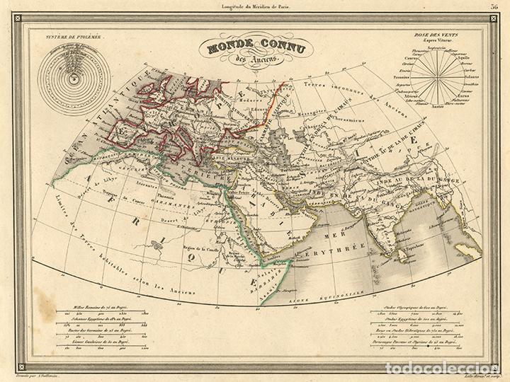 Kunst: MAPA DEL MUNDO CONOCIDO POR LOS ANTIGUOS, DE 1845, POR VUILLEMIN. GRABADO AL ACERO, COLOREADO A MANO