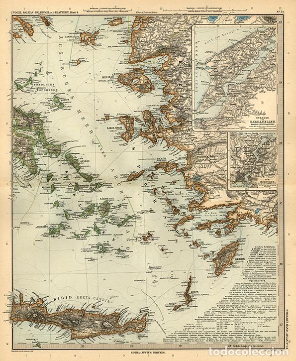 Kunst: MAPA (GRABADO COBRE DE 1891) DEL MAR EGEO, CON LAS C&Iacute;CLADAS Y ESP&Oacute;RADAS DEL NORTE GRIEGAS. STIELER&rsquo;S
