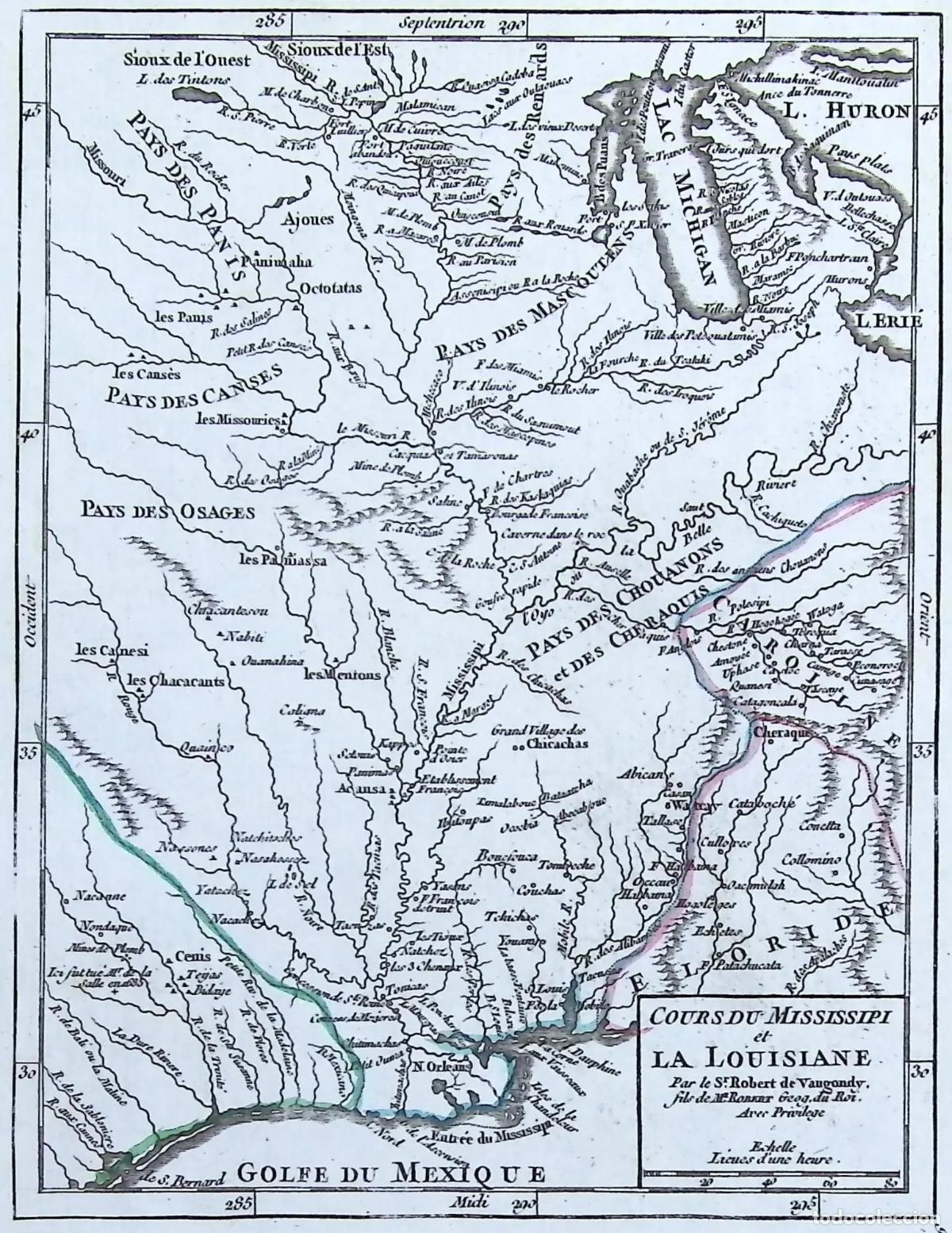 Kunst: &ldquo;Partie de la Louisiane o&ugrave; se trouve...&rdquo; [Mapa de Luisiana, r&iacute;o Misisipi y colonias inglesas, EE.UU]