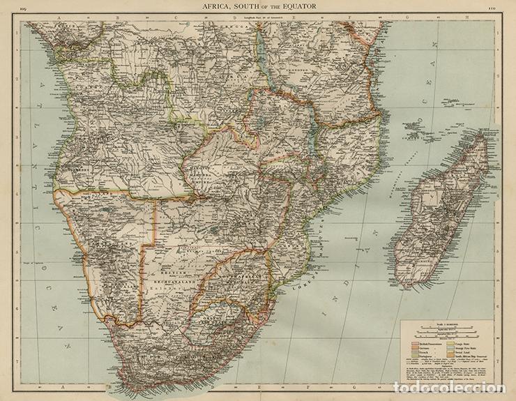 Arte: MAPA DE &Aacute;FRICA DEL SUR DESDE EL ECUADOR, DE 1895. LITOGRAF&Iacute;A COLOREADA DE LA 1&ordf; ED. DEL TIMES ATLAS