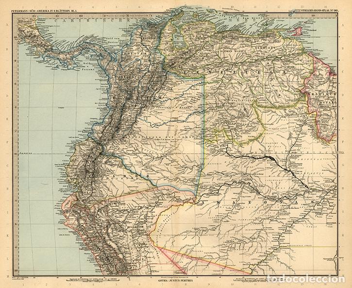 Kunst: MAPA (GRABADO COBRE DE 1888) DEL NORTE DE AM&Eacute;RICA DEL SUR, COLOMBIA, VENEZUELA, ECUADOR... STIELER&rsquo;S