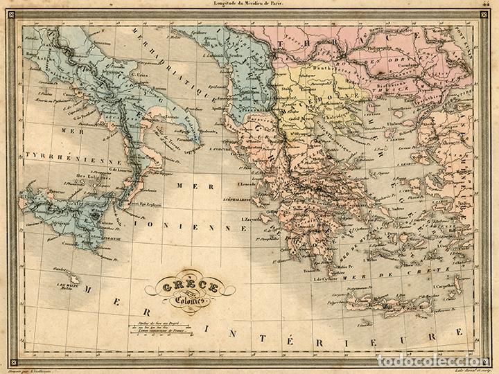Kunst: MAPA DE LA GRECIA ANTIGUA, JONIA Y MAGNA G., DE 1850, VUILLEMIN. GRABADO AL ACERO, COLOREADO A MANO