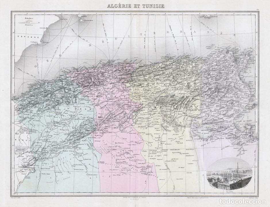 Art: MAPA DE LA ARGELIA Y T&Uacute;NEZ COLONIAL, DE 1894. LITOGRAF&Iacute;A COLOREADA DE LACOSTE Y SMITH. ATLAS MIGEON