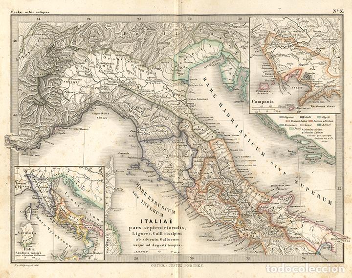 Arte: MAPA DE LA ITALIA ANTIGUA EN &Eacute;POCA DE AUGUSTO, DE 1866, THEODOR MENKE, GRABADO COBRE, COLOREADO MANO