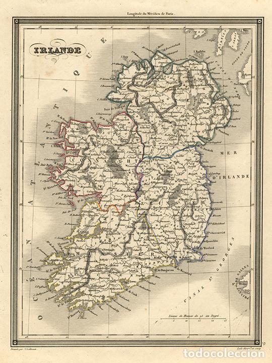 Arte: MAPA DE IRLANDA, DE 1845, POR VUILLEMIN. GRABADO AL ACERO, COLOREADO A MANO. REINO UNIDO
