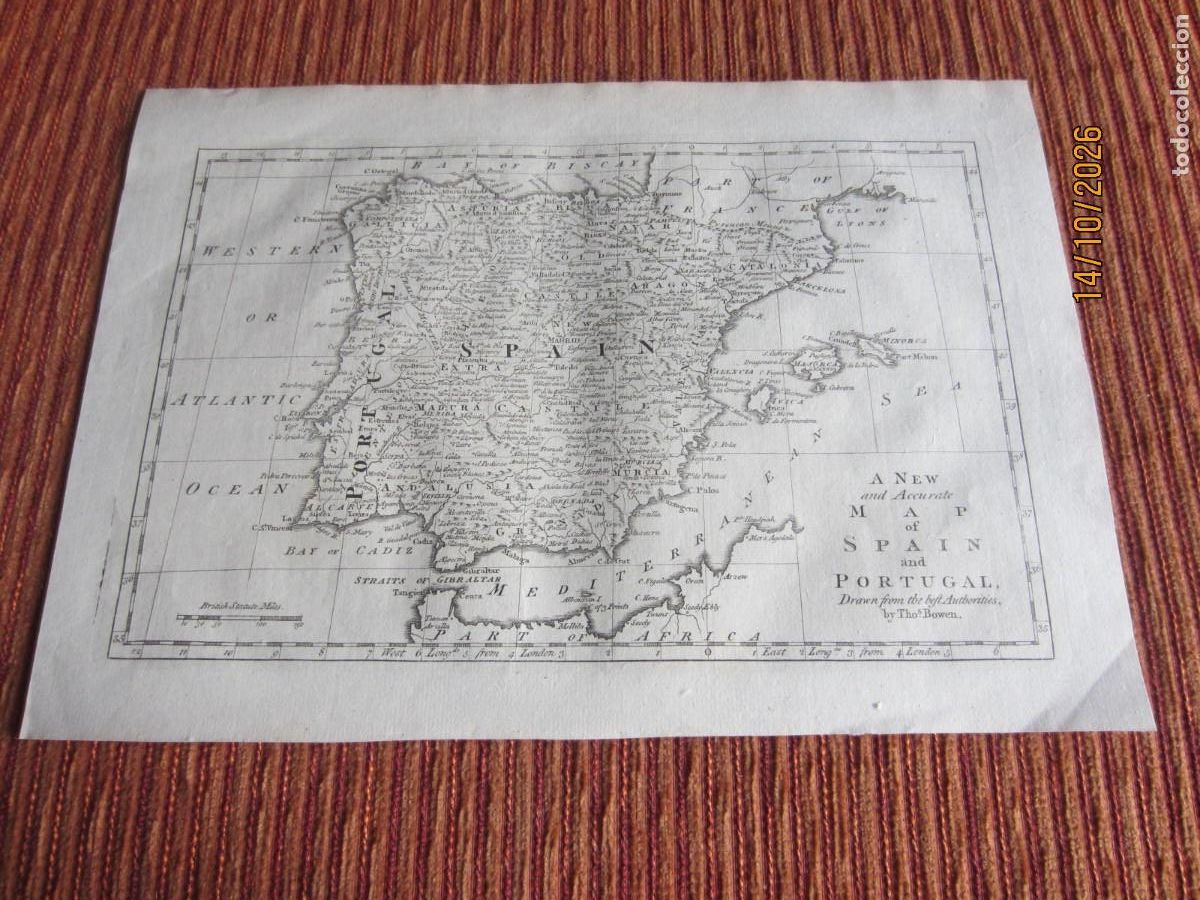 Arte: 1778-MAPA DE ESPA&Ntilde;A Y PORTUGAL. POR THOMAS BOWEN