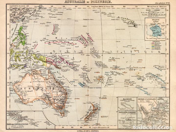Arte: MAPA DE AUSTRALIA Y POLINESIA EN 1900, JUSTUS PERTHES, GRABADO DE COBRE. CARTOGRAF&Iacute;A, CARTA