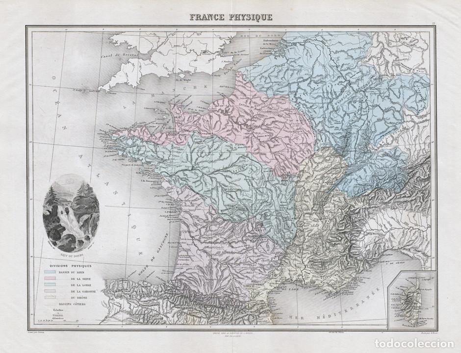 Art: MAPA DE FRANCIA F&Iacute;SICA DE 1894. LITOGRAF&Iacute;A COLOREADA DE LACOSTE Y LECOCQ. CUENCAS R&Iacute;OS, ATLAS MIGEON