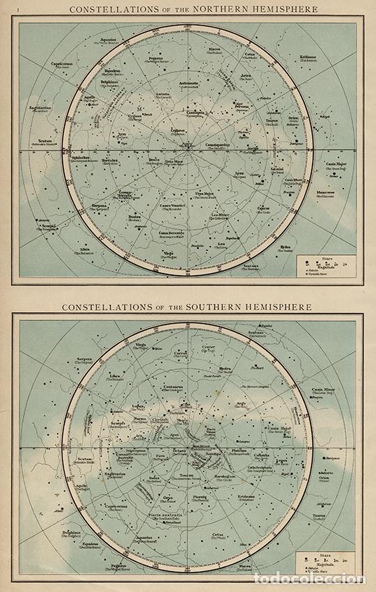 Art: MAPA CONSTELACIONES HEMISFERIOS N. Y S., DE 1895. LITOGRAF&Iacute;A COLOREADA DE LA 1&ordf; ED. DEL TIMES ATLAS