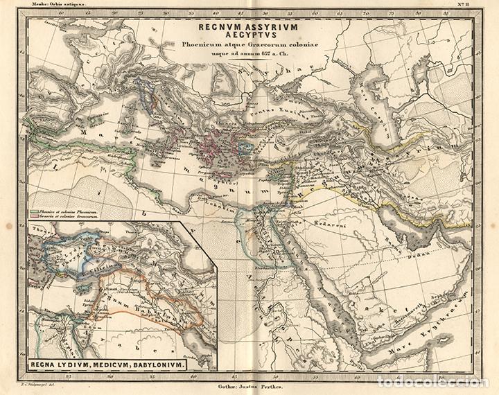 Arte: MAPA DE ASIRIA, EGIPTO Y COLONIAS FENICIAS Y GRIEGAS, GRABADO COBRE 1866, THEODOR MENKE, COLOREADO