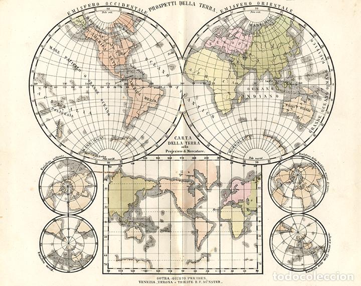 Arte: MAPAMUNDI EN PROYECCI&Oacute;N GLOBULAR DE 1865, JUSTUS PERTHES, LITOGRAF&Iacute;A, CARTA GEOGR&Aacute;FICA, CARTOGRAF&Iacute;A