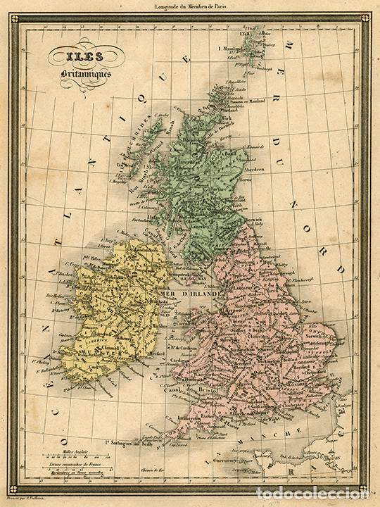 Kunst: MAPA DEL REINO UNIDO DE GRAN BRETA&Ntilde;A, DE 1850, POR VUILLEMIN. GRABADO AL ACERO, COLOREADO A MANO