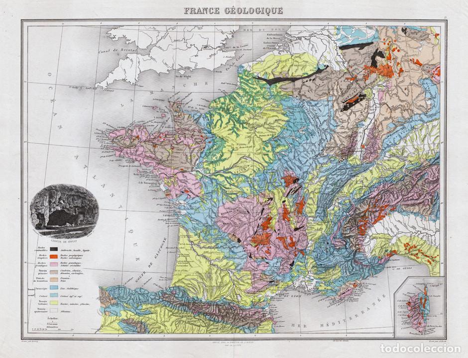 Arte: MAPA DE GEOL&Oacute;GICO DE FRANCIA, DE 1894. LITOGRAF&Iacute;A COLOREADA DE LACOSTE Y LECOCQ. ATLAS MIGEON