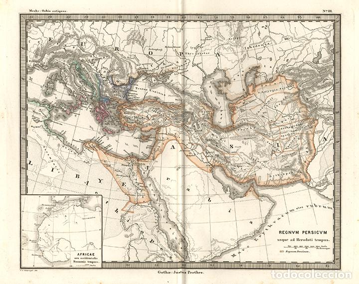 Arte: MAPA DE PERSIA EN TIEMPOS DE HERODOTO, GRABADO DE COBRE DE 1866, DE THEODOR MENKE, COLOREADO A MANO