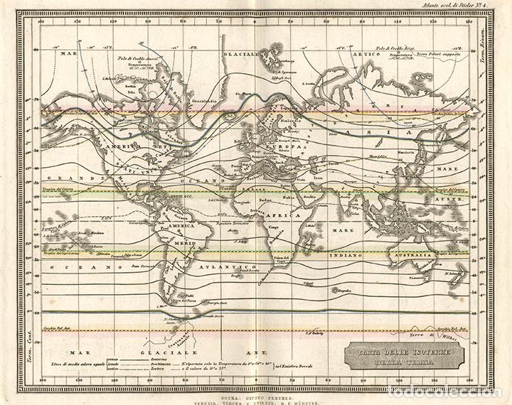 Arte: MAPAMUNDI DE LAS ISOTERMAS TERRESTRES (CLIMATOLOG&Iacute;A) DE 1865, JUSTUS PERTHES, GRABADO COBRE. CARTA
