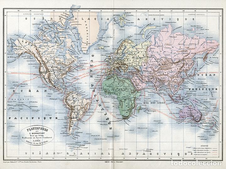 Arte: MAPAMUNDI EN PROYECCI&Oacute;N MERCATOR (PLANISFERIO) DE 1884, VUILLEMIN & BONNEFONT, LITOGRAF&Iacute;A, CARTA