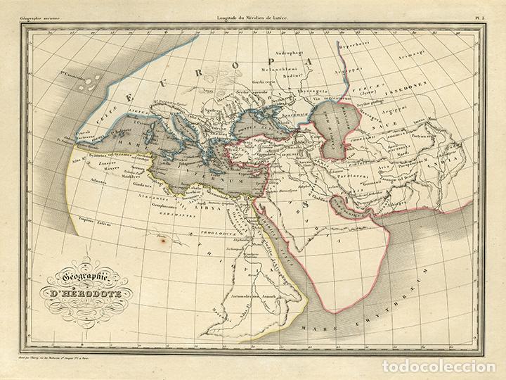 Arte: MAPA DE LA GEOGRAF&Iacute;A DE HER&Oacute;DOTO, MALTE-BRUN, 1837. GRABADO AL ACERO, COLOREADO A MANO. THIERRY