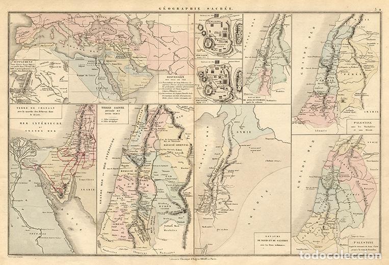 Arte: MAPAS DE LA GEOGRAF&Iacute;A SAGRADA, TIERRA SANTA, LITOGRAF&Iacute;A DE 1865 DE DRIOUX & LEROY. CARTOGRAF&Iacute;A