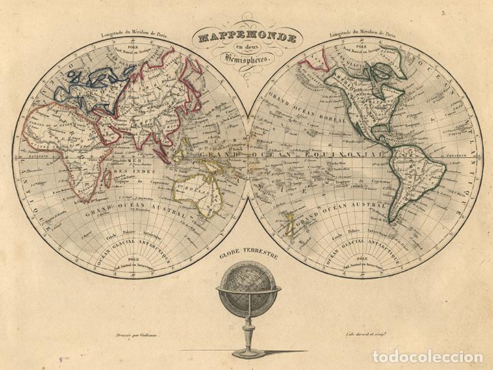 Arte: MAPAMUNDI o PLANISFERIO, DE 1845, POR VUILLEMIN. GRABADO AL ACERO, COLOREADO A MANO