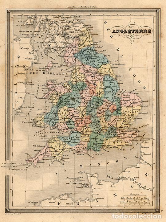 Arte: MAPA DE INGLATERRA Y GALES, DE 1850, POR VUILLEMIN. GRABADO AL ACERO, COLOREADO A MANO. REINO UNIDO
