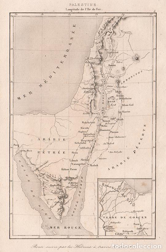 Arte: GRABADO AL ACERO DE 1845, MAPA DE LA RUTA DE LOS HEBREOS HACIA CANA&Aacute;N, ANTIGUA PALESTINA, LEMA&Icirc;TRE