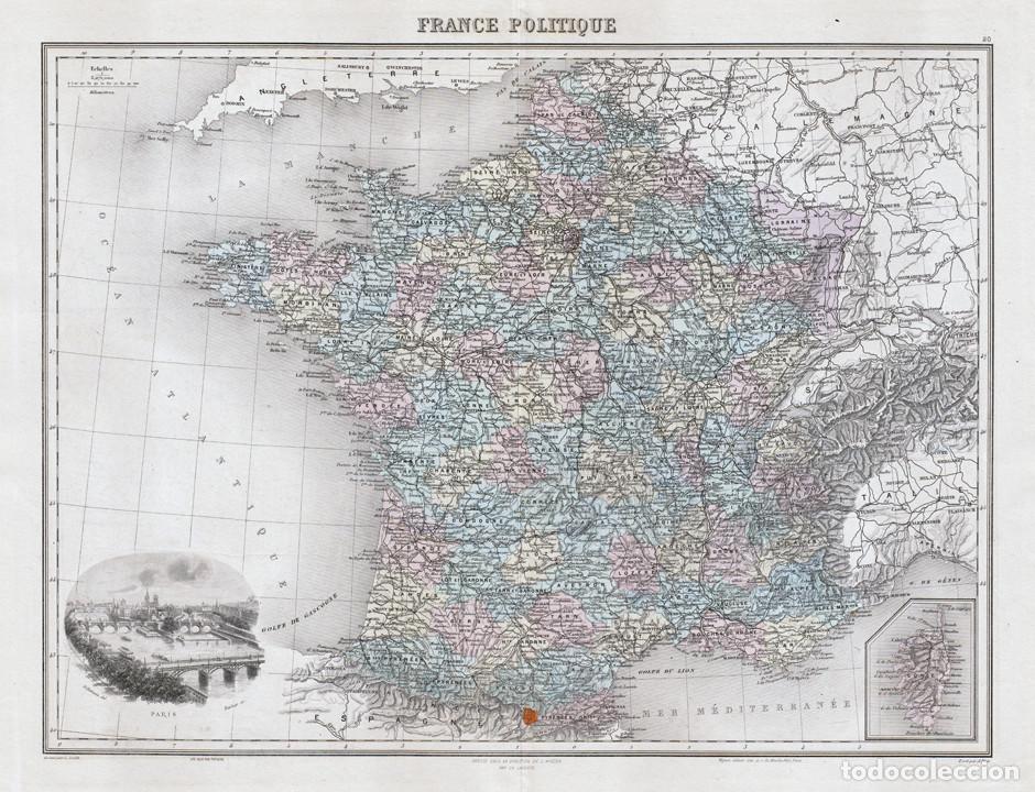 Arte: MAPA DE FRANCIA DE 1894. LITOGRAF&Iacute;A COLOREADA DE LACOSTE Y L. SMITH. FIN DE SI&Egrave;CLE, ATLAS MIGEON