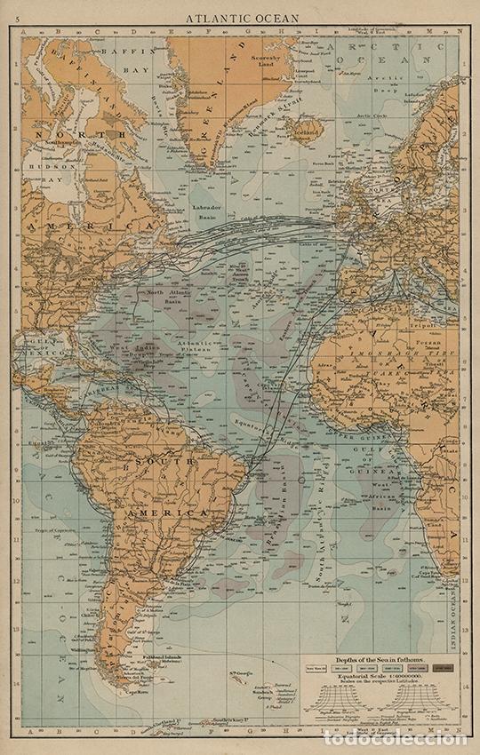 Arte: MAPA DEL OC&Eacute;ANO ATL&Aacute;NTICO Y RUTAS NAVALES, DE 1895. LITOGRAF&Iacute;A COLOREADA DE LA 1&ordf; ED. DE TIMES ATLAS