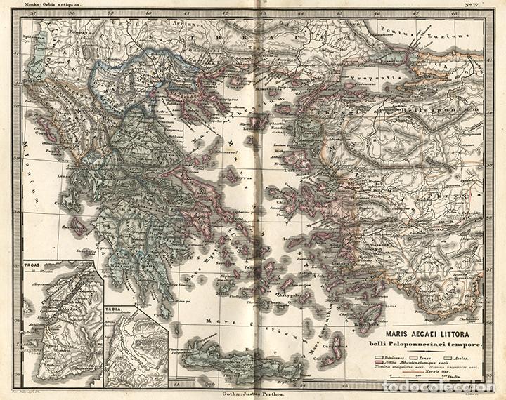 Arte: MAPA DE LA ANTIGUA GRECIA, GRABADO DE COBRE DE 1866, DE THEODOR MENKE, COLOREADO A MANO